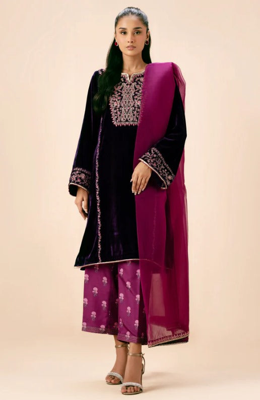 Stitched 3 Piece Embroidered Velvet Suit