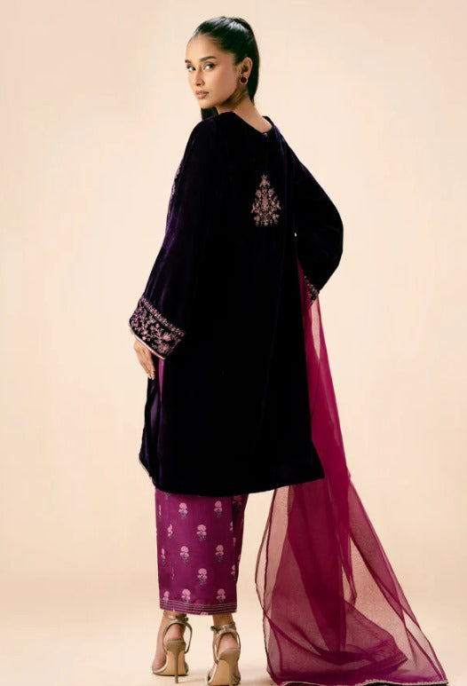 Stitched 3 Piece Embroidered Velvet Suit