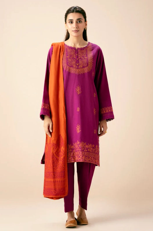 Stitched 3 Piece Embroidered Textured Slub Suit